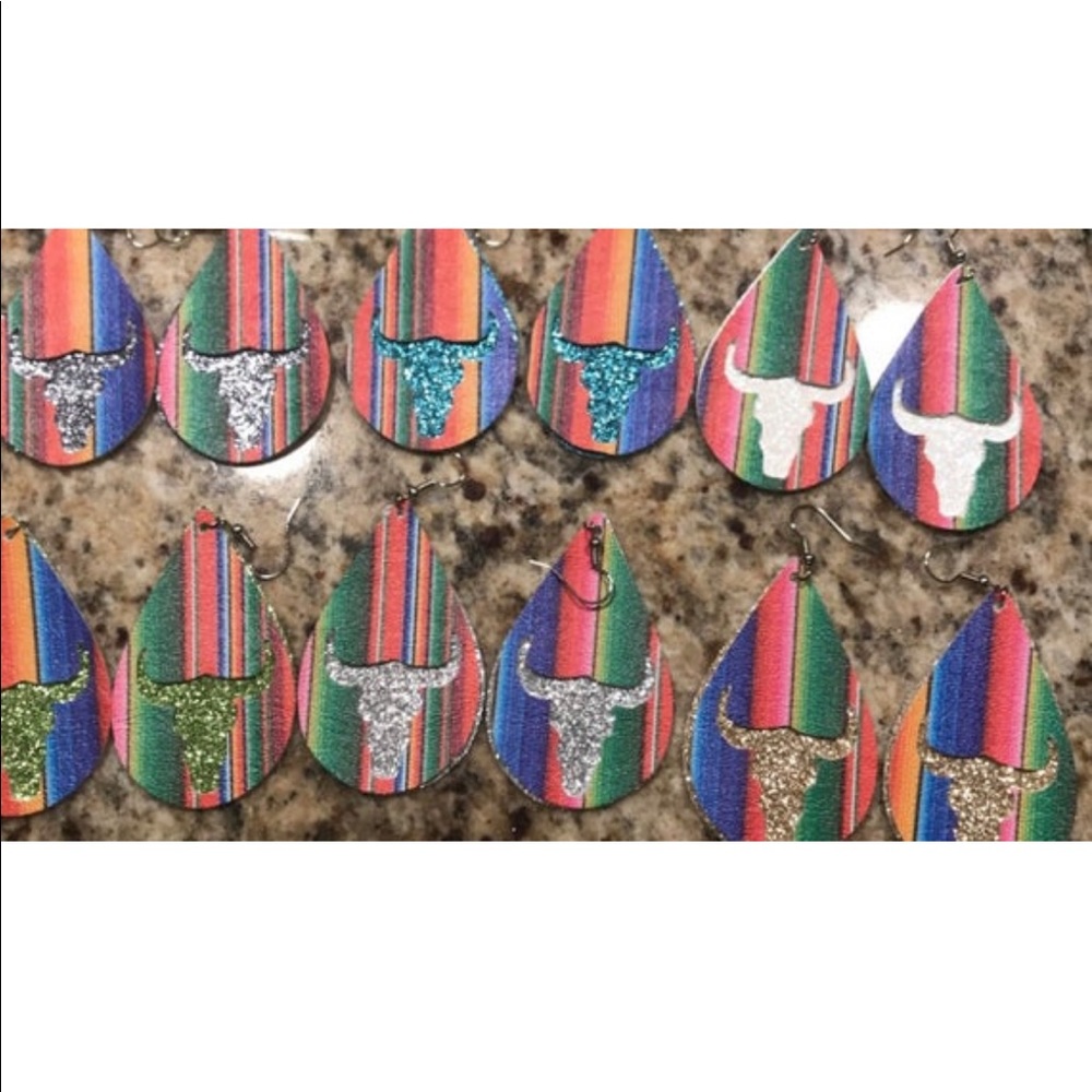 Serape Bull Skull Glitter Earrings